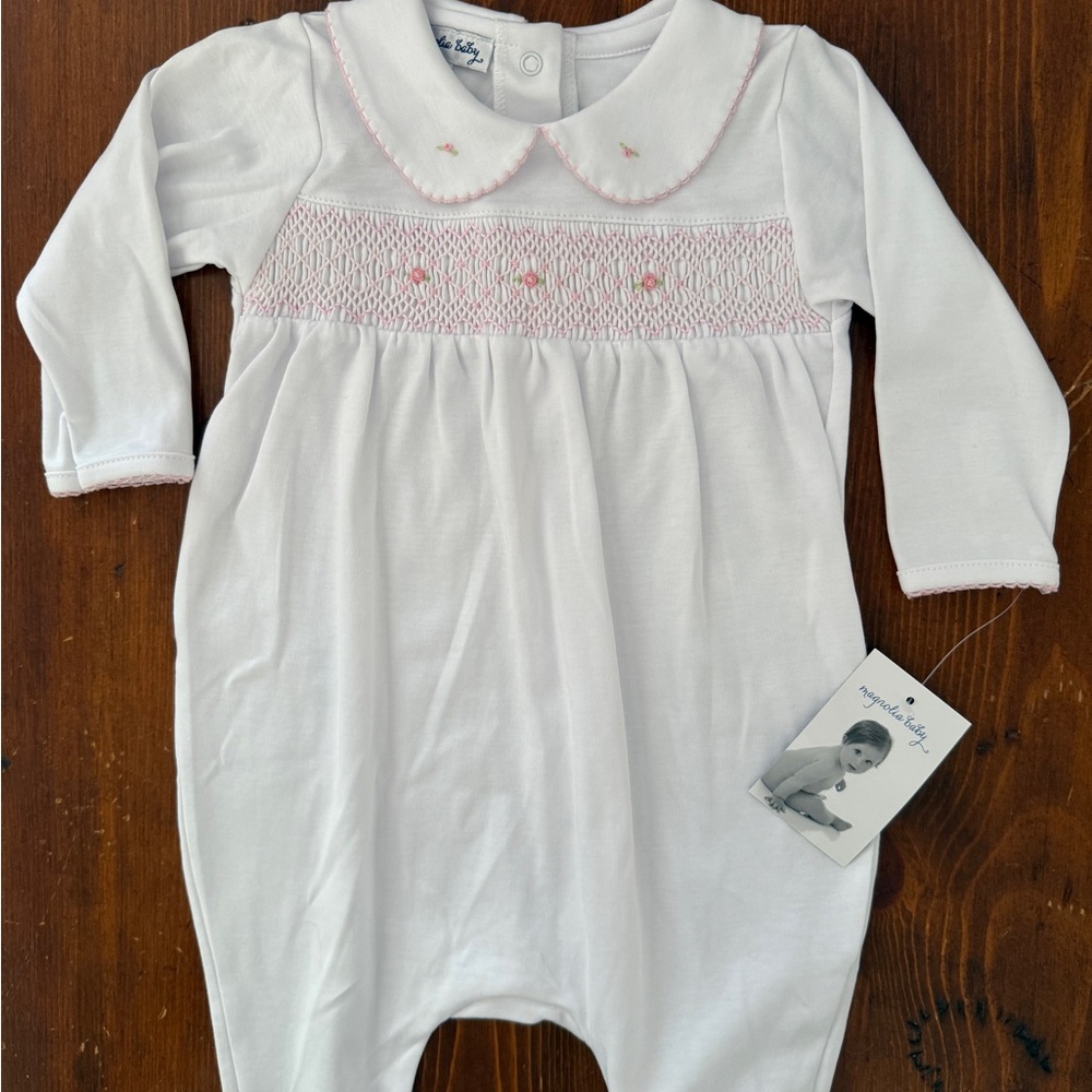 Magnolia Baby White Sleeper with Pink Smocking and Embroidery Size 9M NWT